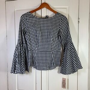 Nanette Lepore Women's Gingham Bell Sleeve Peplum Blouse XS Black/White New